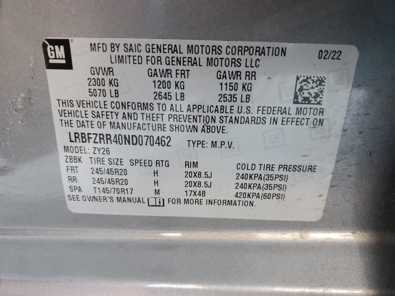 2022 BUICK ENVISION AVENIR VIN:LRBFZRR40ND070462