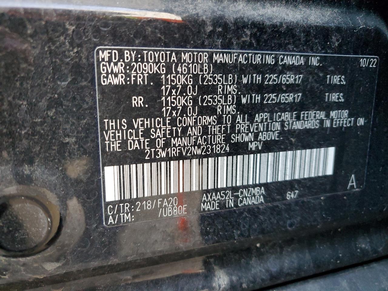 2022 TOYOTA RAV4 XLE VIN:2T3W1RFV2NW231824