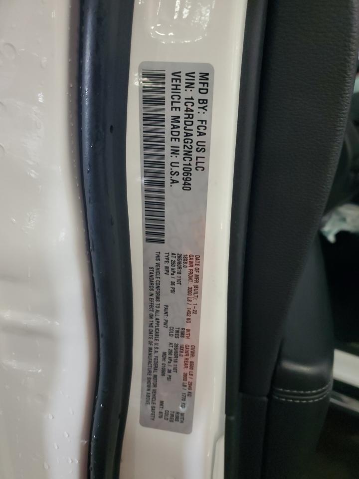 2022 DODGE DURANGO SXT VIN:1C4RDJAG2NC106940