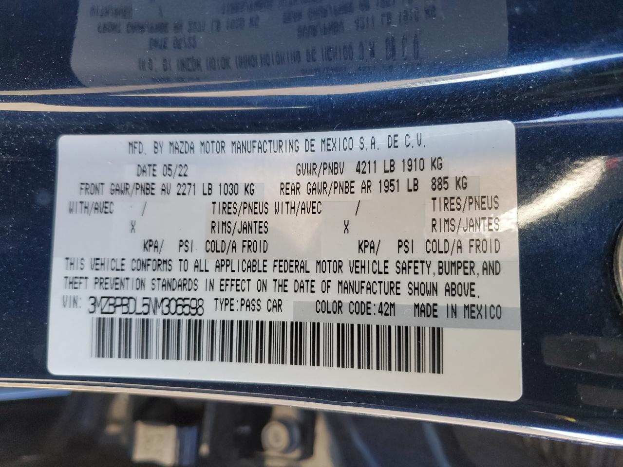 2022 MAZDA 3 PREMIUM VIN:3MZBPBDL5NM306598