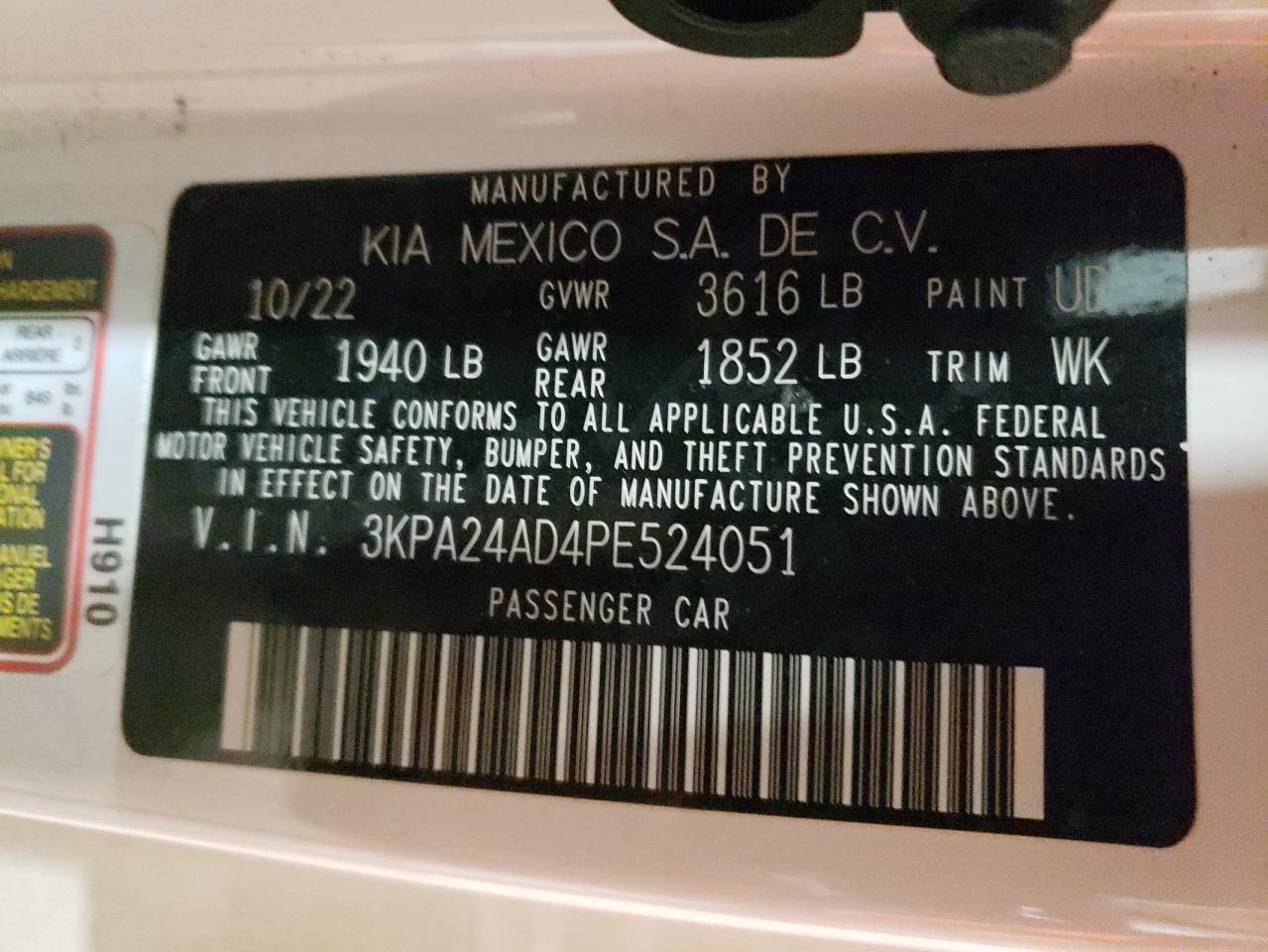 2023 KIA RIO LX VIN:3KPA24AD4PE524051