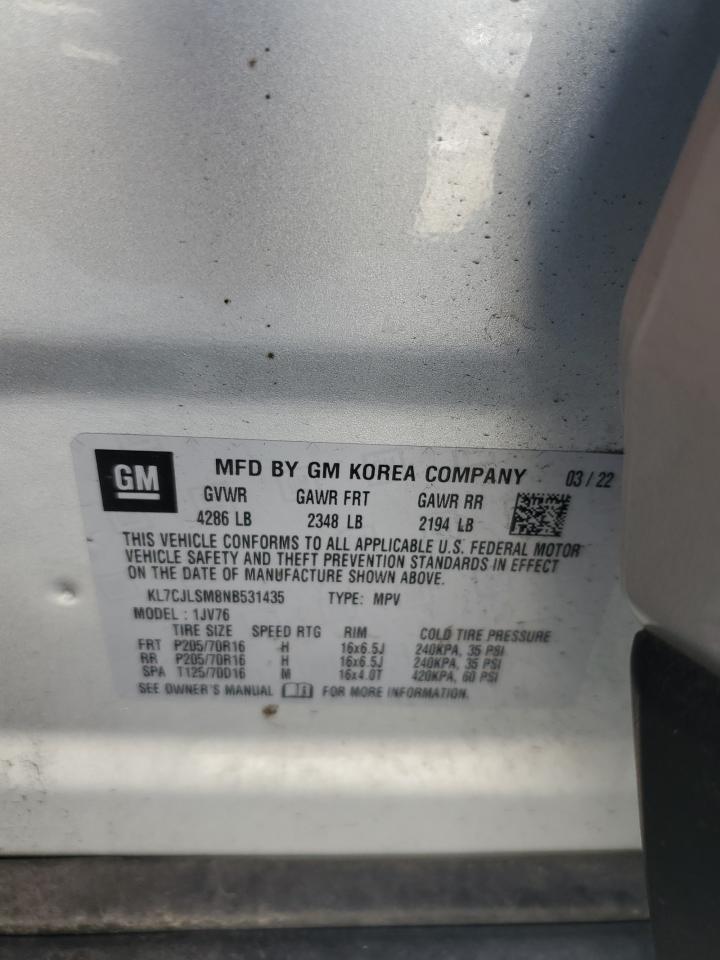 2022 CHEVROLET TRAX 1LT VIN:KL7CJLSM8NB531435