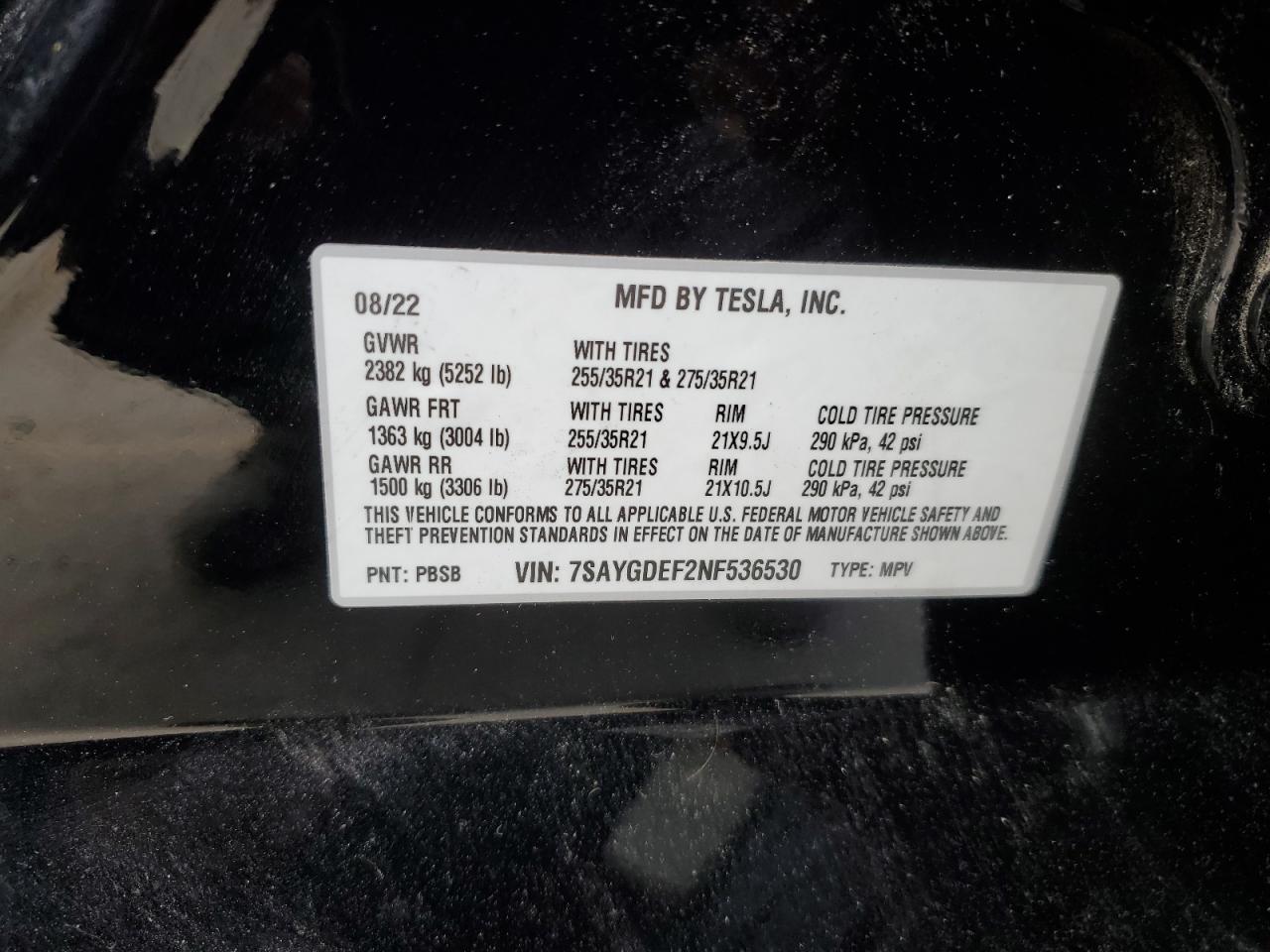 2022 TESLA MODEL Y  VIN:7SAYGDEF2NF536530