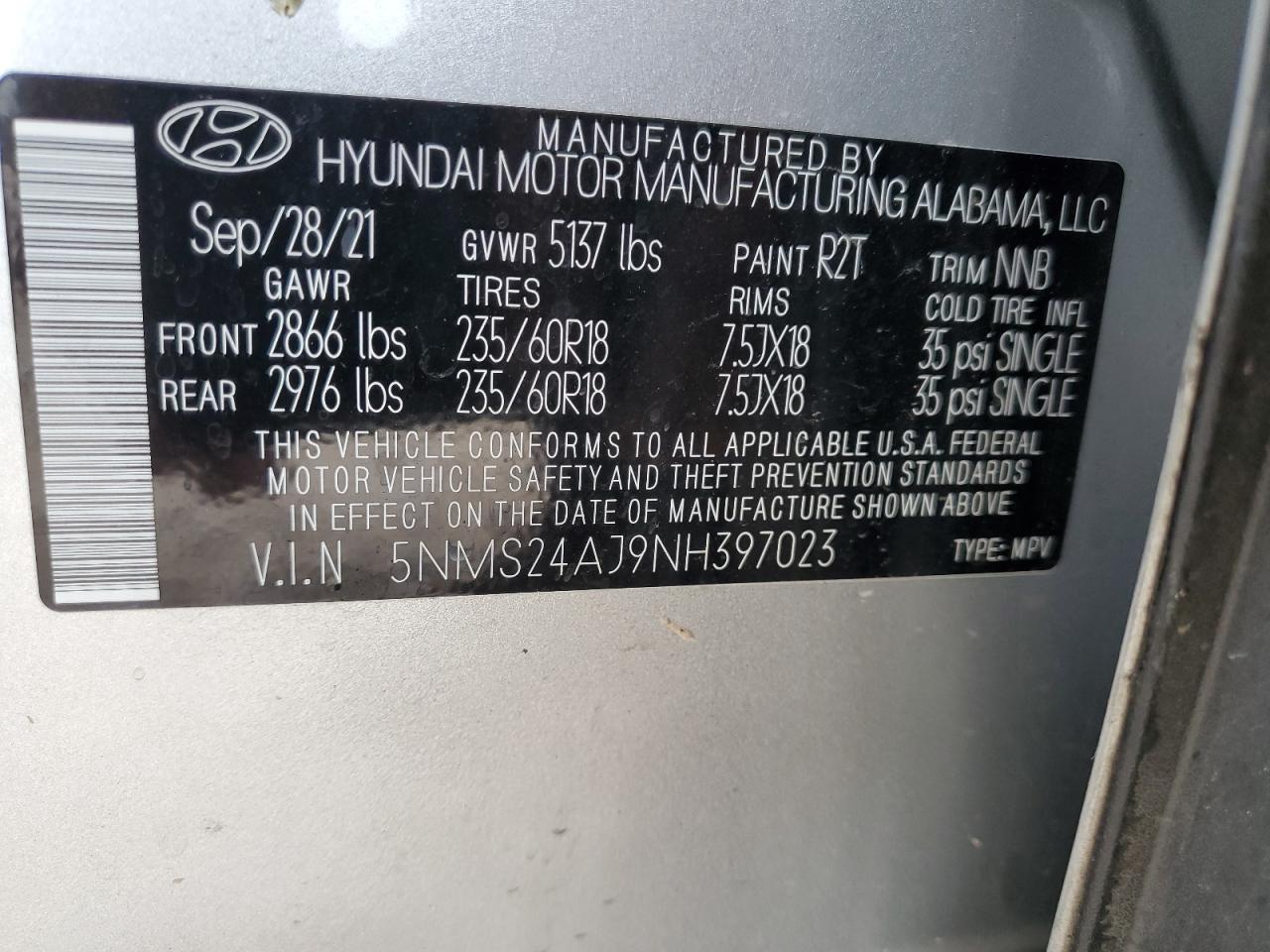 2022 HYUNDAI SANTA FE SEL VIN:5NMS24AJ9NH397023