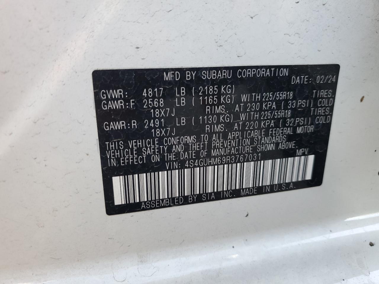 2024 SUBARU CROSSTREK LIMITED VIN:4S4GUHM69R3767031