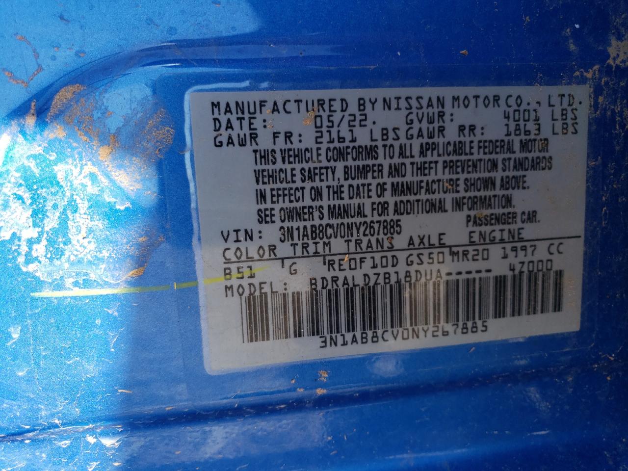 2022 NISSAN SENTRA SV VIN:3N1AB8CV0NY267885