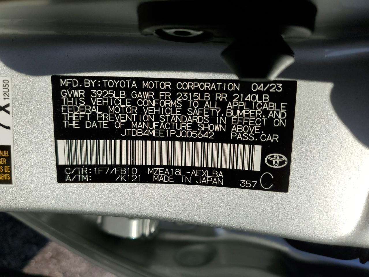 2023 TOYOTA COROLLA LE VIN:JTDB4MEE1PJ005642