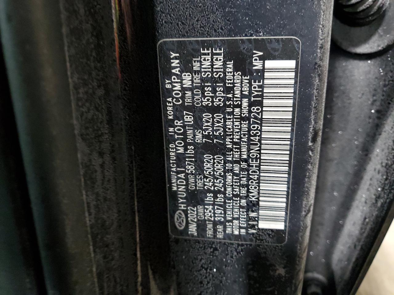 2022 HYUNDAI PALISADE SEL VIN:KM8R4DHE9NU439728