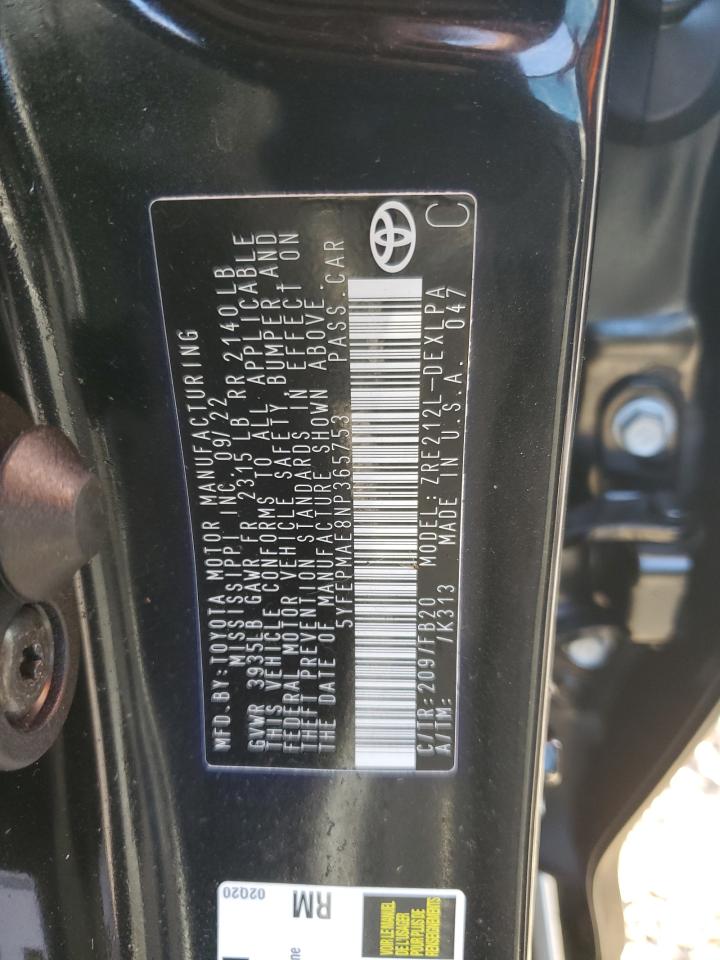 2022 TOYOTA COROLLA LE VIN:5YFEPMAE8NP365753