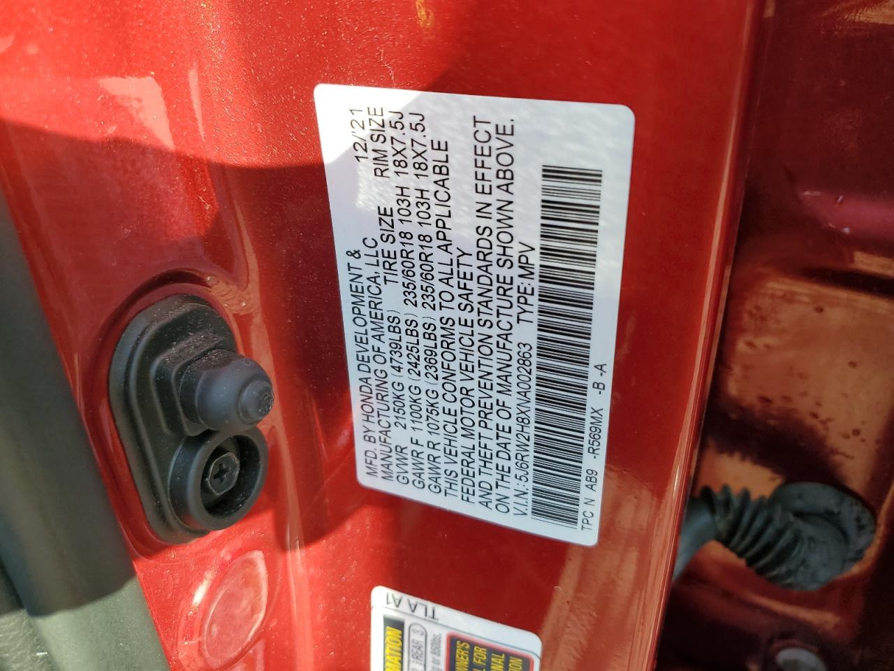 2022 HONDA CR-V EXL VIN:5J6RW2H8XNA002863