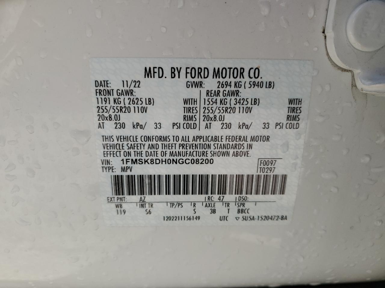 2022 FORD EXPLORER XLT VIN:1FMSK8DH0NGC08200