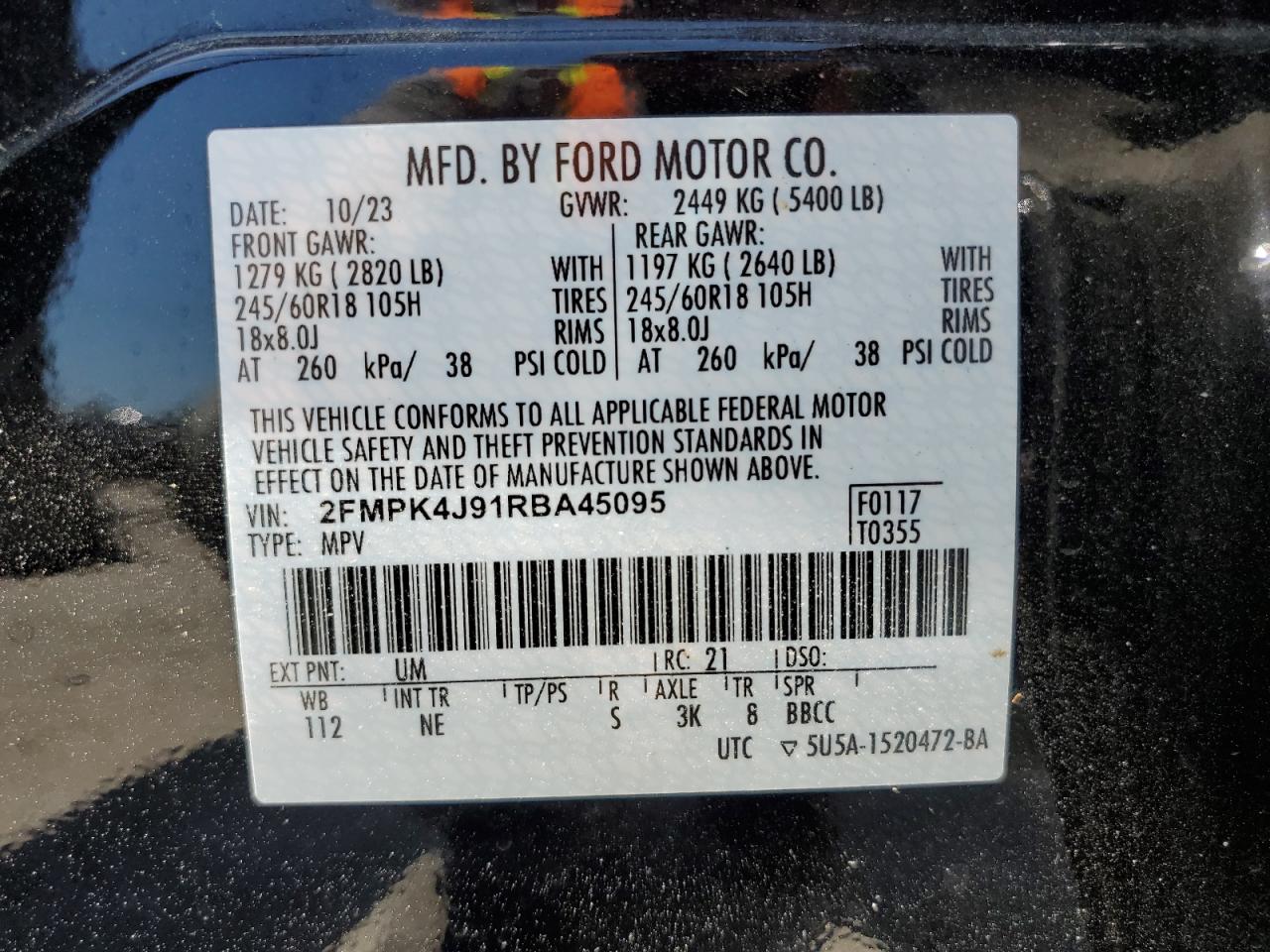 2024 FORD EDGE SEL VIN:2FMPK4J91RBA45095