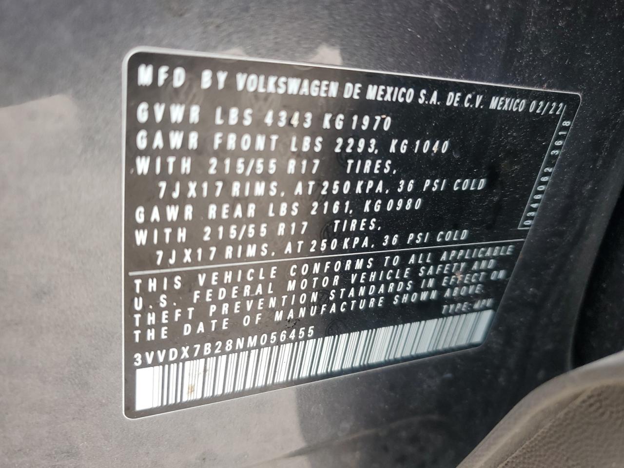 2022 VOLKSWAGEN TAOS S VIN:3VVDX7B28NM056455