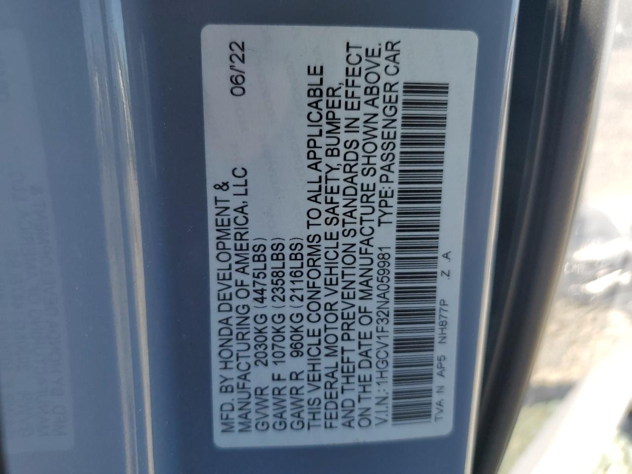 2022 HONDA ACCORD SPORT VIN:1HGCV1F32NA059981