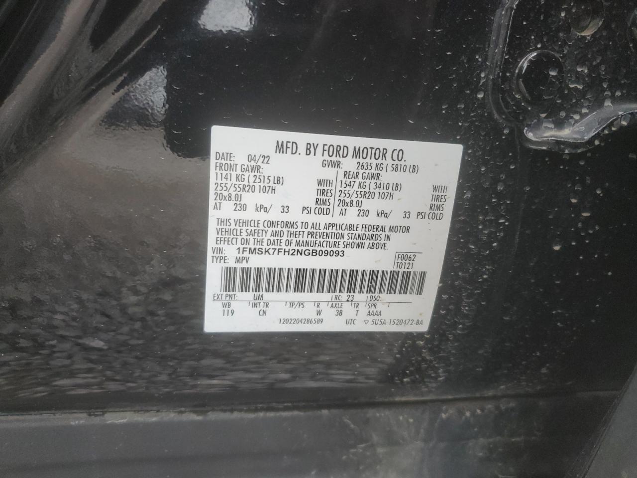 2022 FORD EXPLORER LIMITED VIN:1FMSK7FH2NGB09093