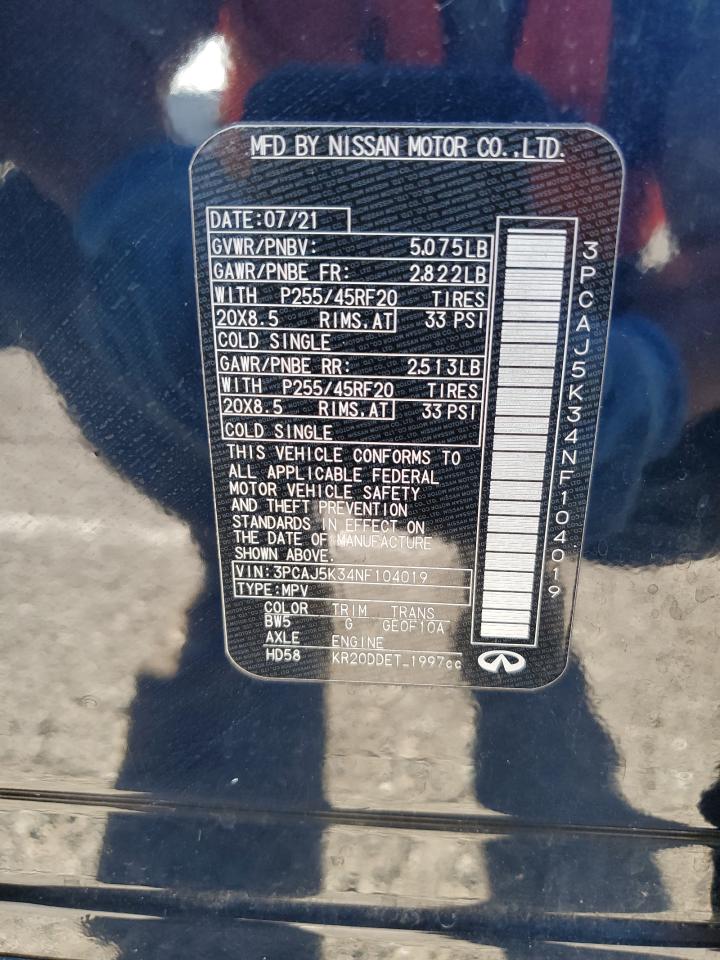 2022 INFINITI QX55 ESSENTIAL VIN:3PCAJ5K34NF104019