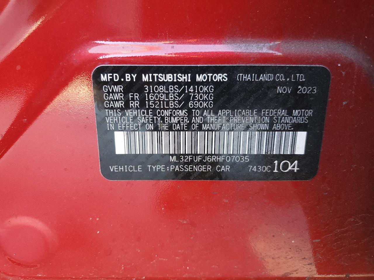 2024 MITSUBISHI MIRAGE G4 ES VIN:ML32FUFJ6RHF07035