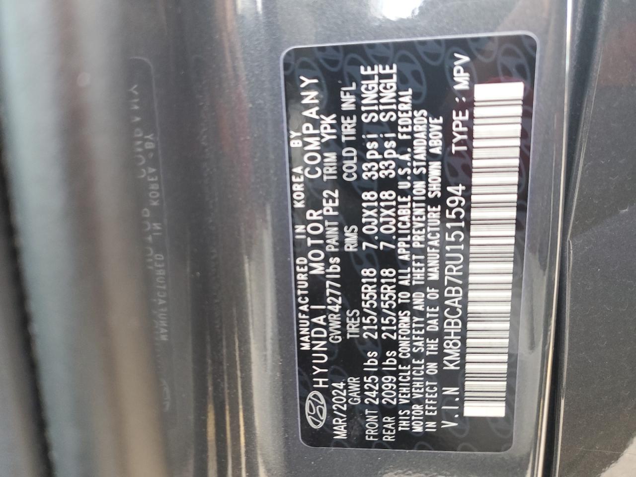 2024 HYUNDAI KONA SEL VIN:KM8HBCAB7RU151594