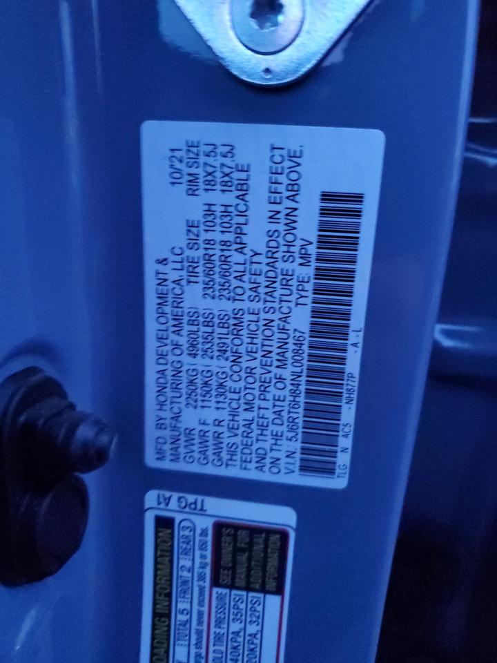 2022 HONDA CR-V EXL VIN:5J6RT6H84NL008467
