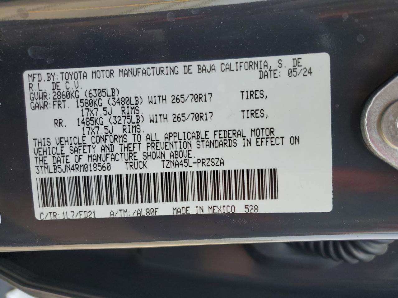 2024 TOYOTA TACOMA DOUBLE CAB VIN:3TMLB5JN4RM018560