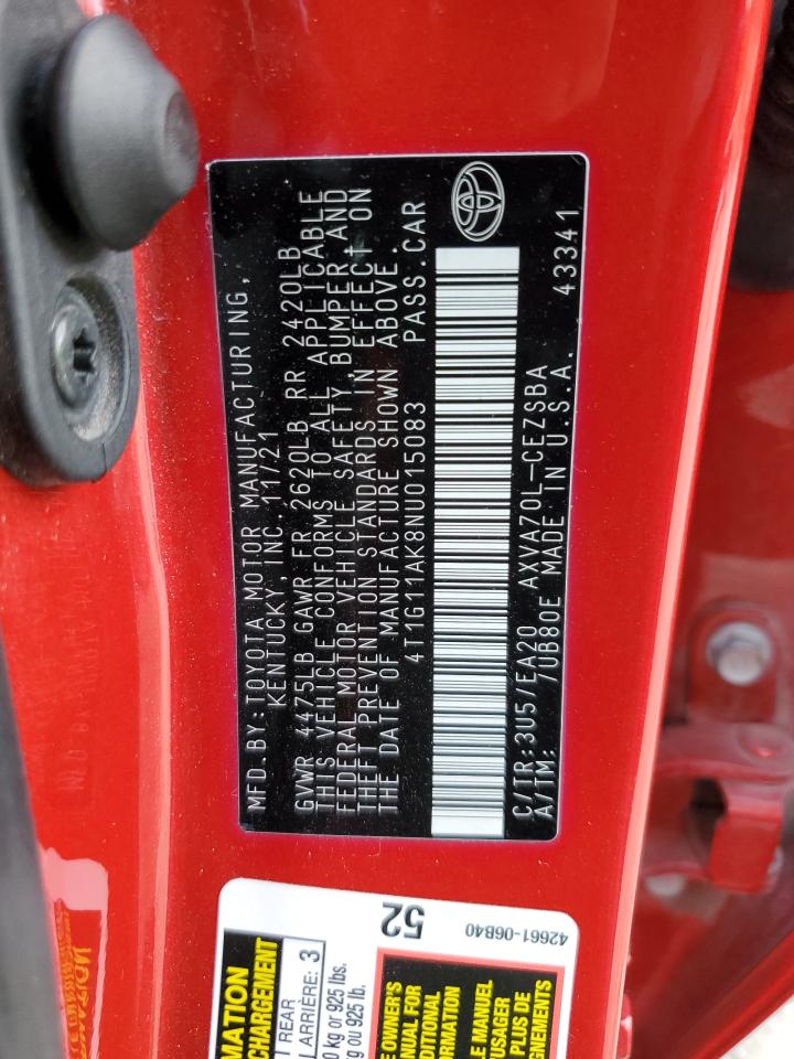 2022 TOYOTA CAMRY SE VIN:4T1G11AK8NU015083