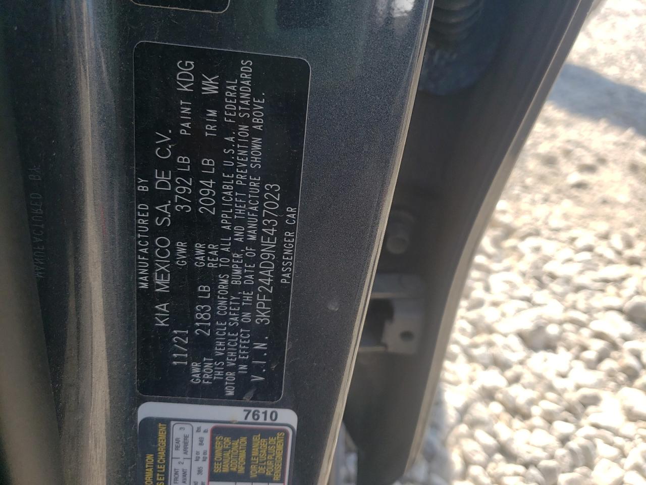 2022 KIA FORTE FE VIN:3KPF24AD9NE437023