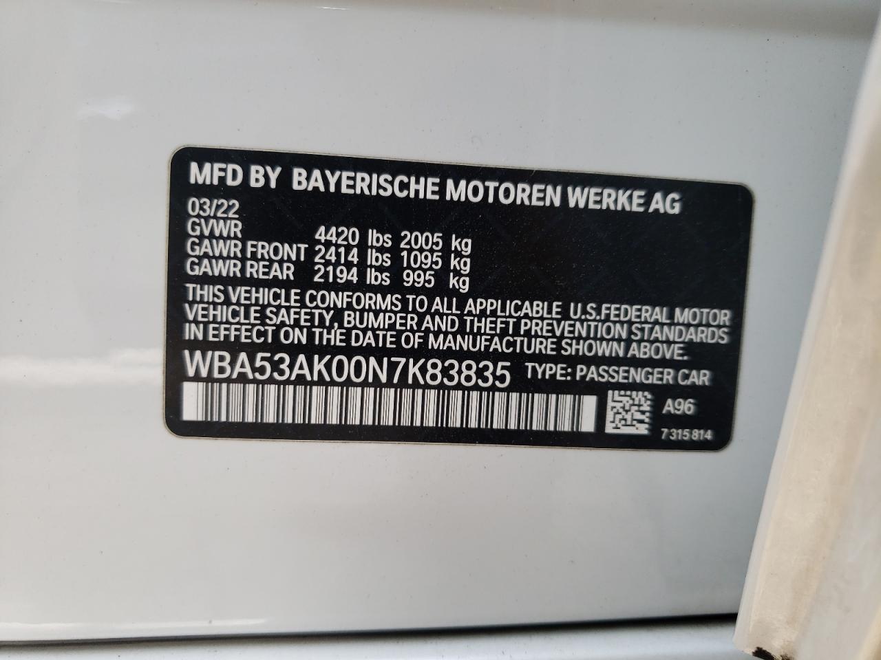 2022 BMW 228I  VIN:WBA53AK00N7K83835