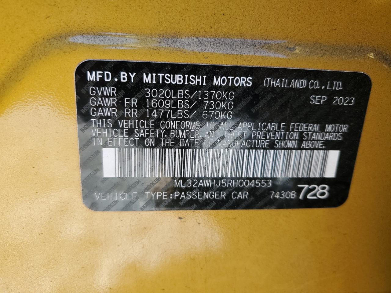 2024 MITSUBISHI MIRAGE SE VIN:ML32AWHJ5RH004553