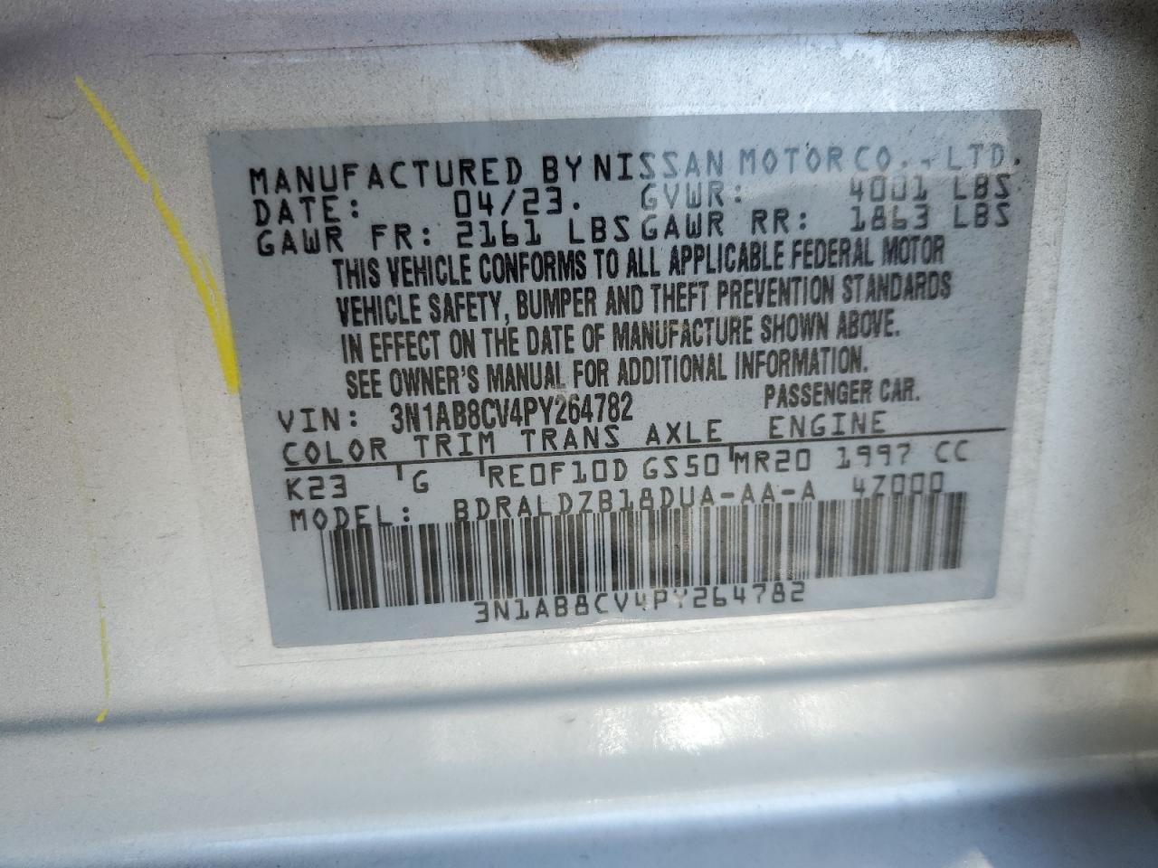 2023 NISSAN SENTRA SV VIN:3N1AB8CV4PY264782