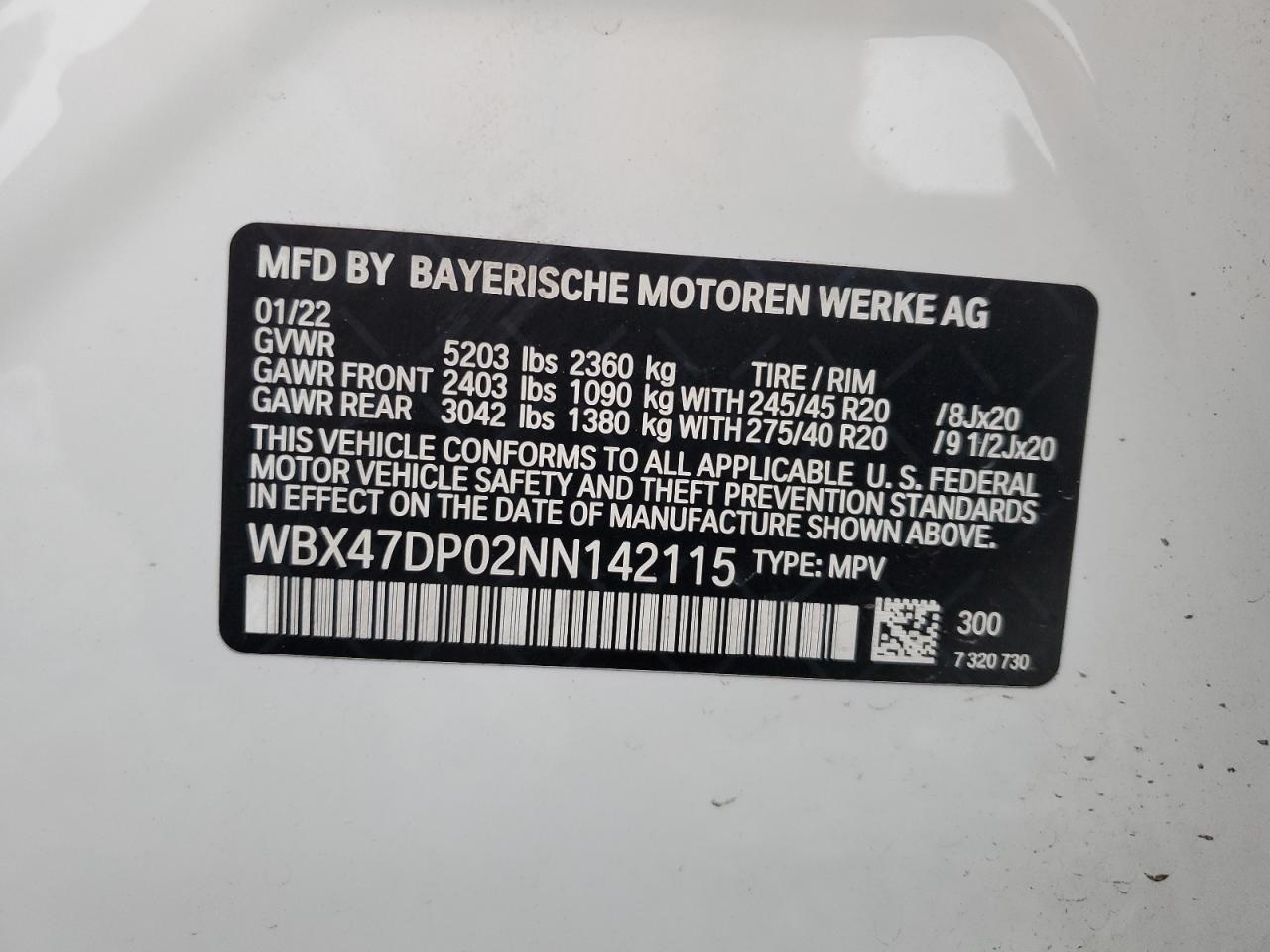 2022 BMW X3 SDRIVE30I VIN:WBX47DP02NN142115