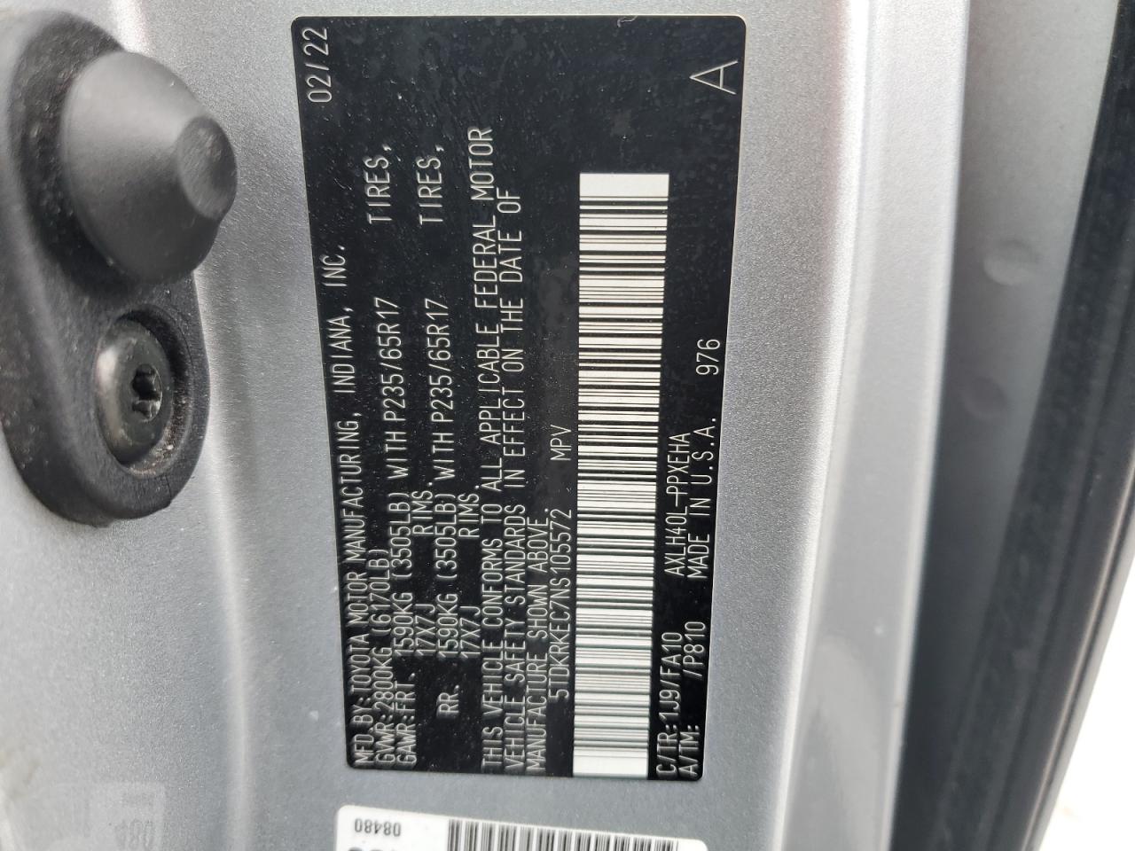 2022 TOYOTA SIENNA LE VIN:5TDKRKEC7NS105572