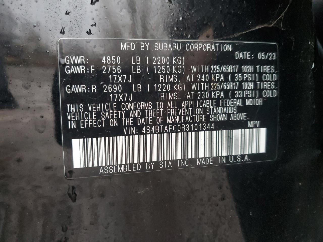 2024 SUBARU OUTBACK PREMIUM VIN:4S4BTAFC0R3101344