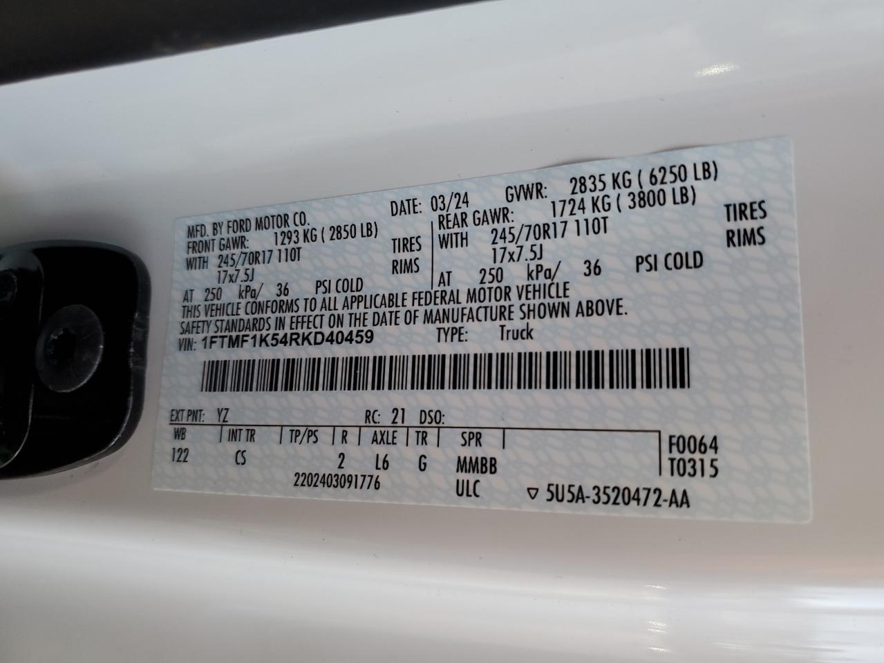 2024 FORD F150 XL VIN:1FTMF1K54RKD40459