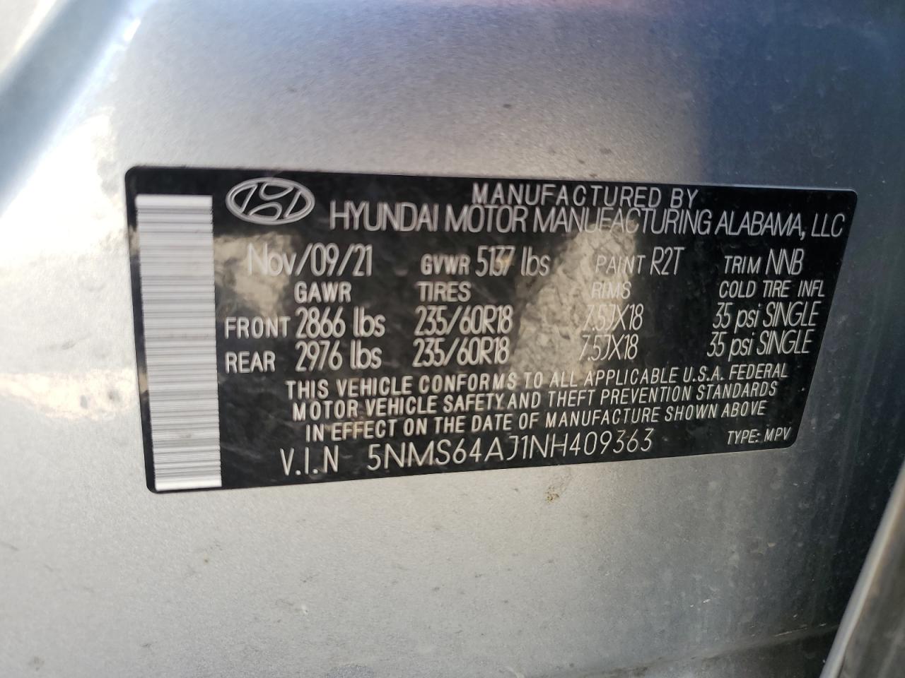 2022 HYUNDAI SANTA FE SEL VIN:5NMS64AJ1NH409363