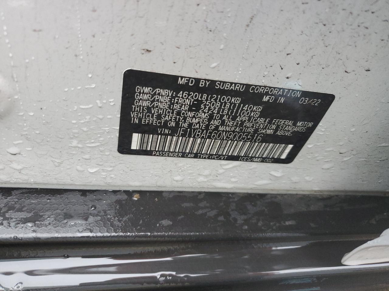 2022 SUBARU WRX PREMIUM VIN:JF1VBAF60N9005516