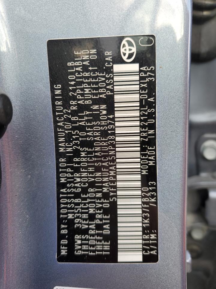 2022 TOYOTA COROLLA LE VIN:5YFEPMAE5NP381974