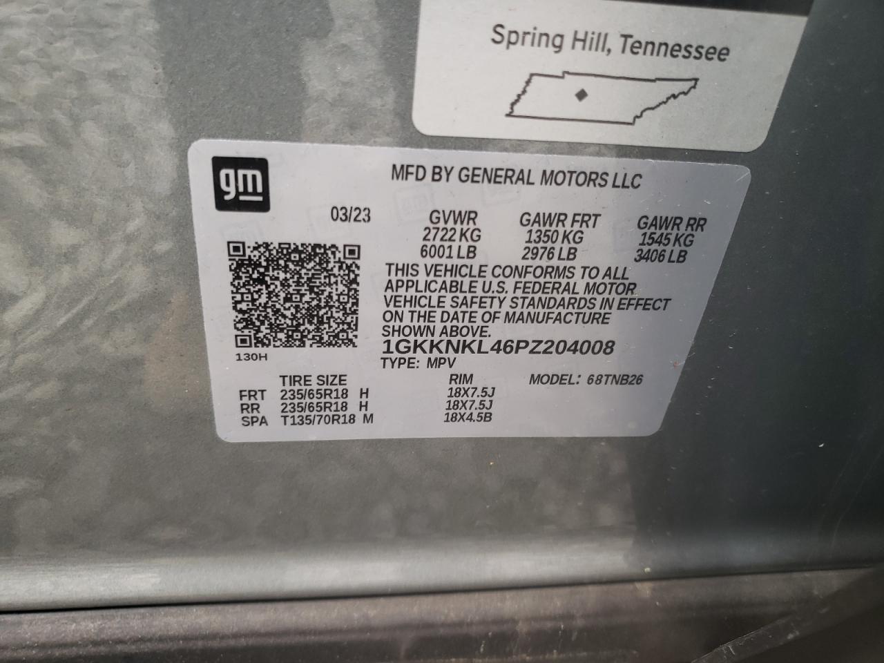 2023 GMC ACADIA SLE VIN:1GKKNKL46PZ204008