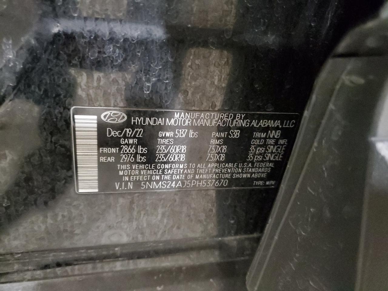 2023 HYUNDAI SANTA FE SEL VIN:5NMS24AJ5PH537670