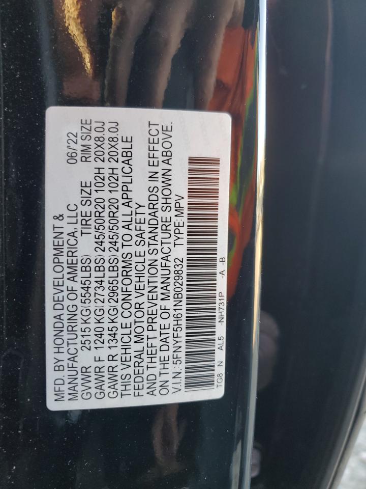 2022 HONDA PILOT TOURING VIN:5FNYF5H61NB029832
