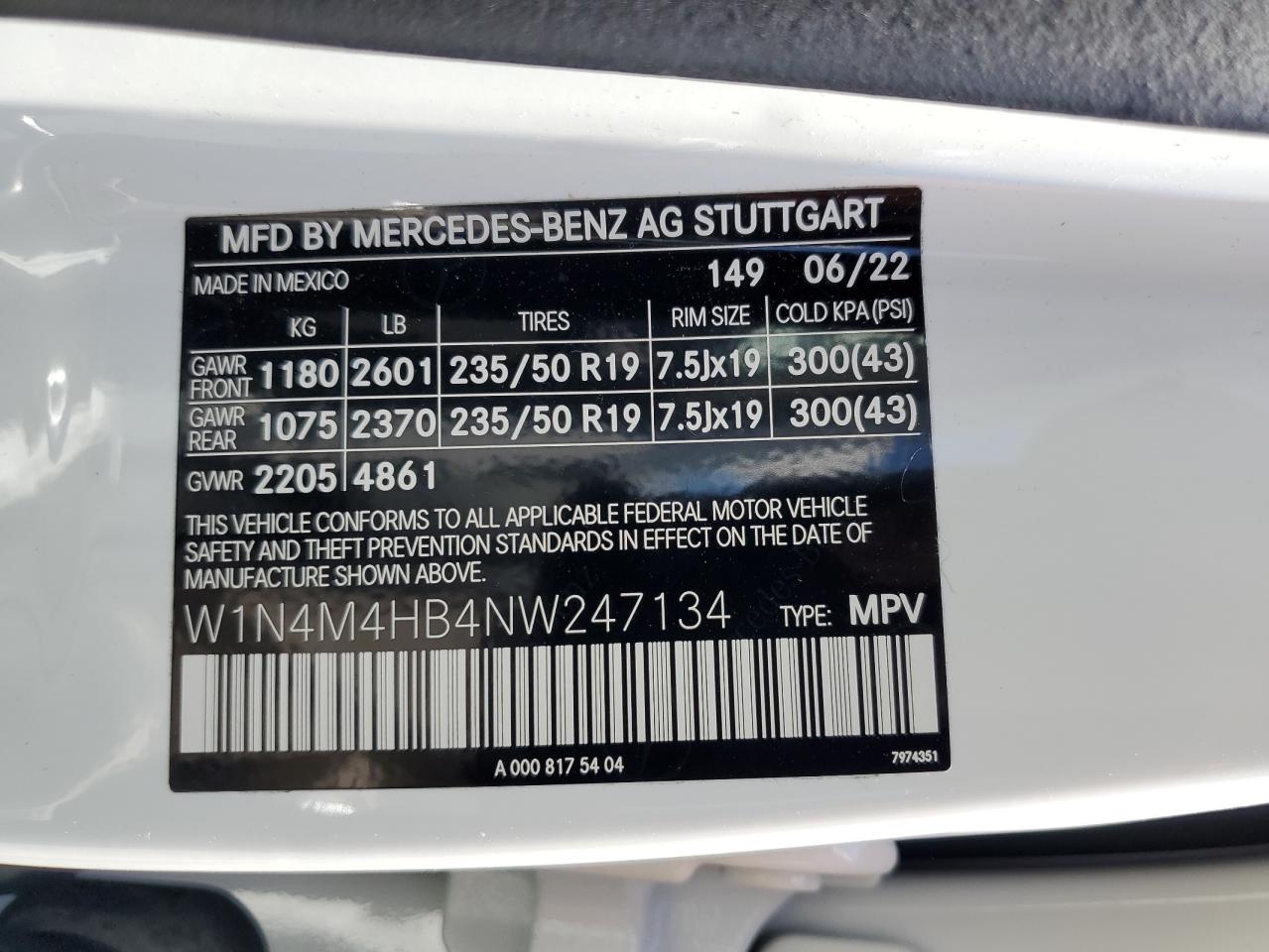 2022 MERCEDES-BENZ GLB 250 4MATIC VIN:W1N4M4HB4NW247134