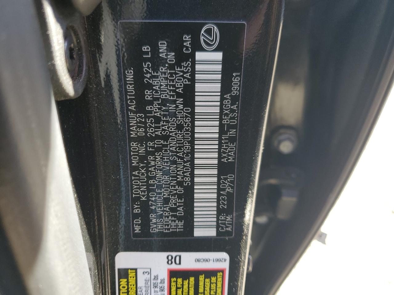 2023 LEXUS ES 300H BASE VIN:58ADA1C19PU035670
