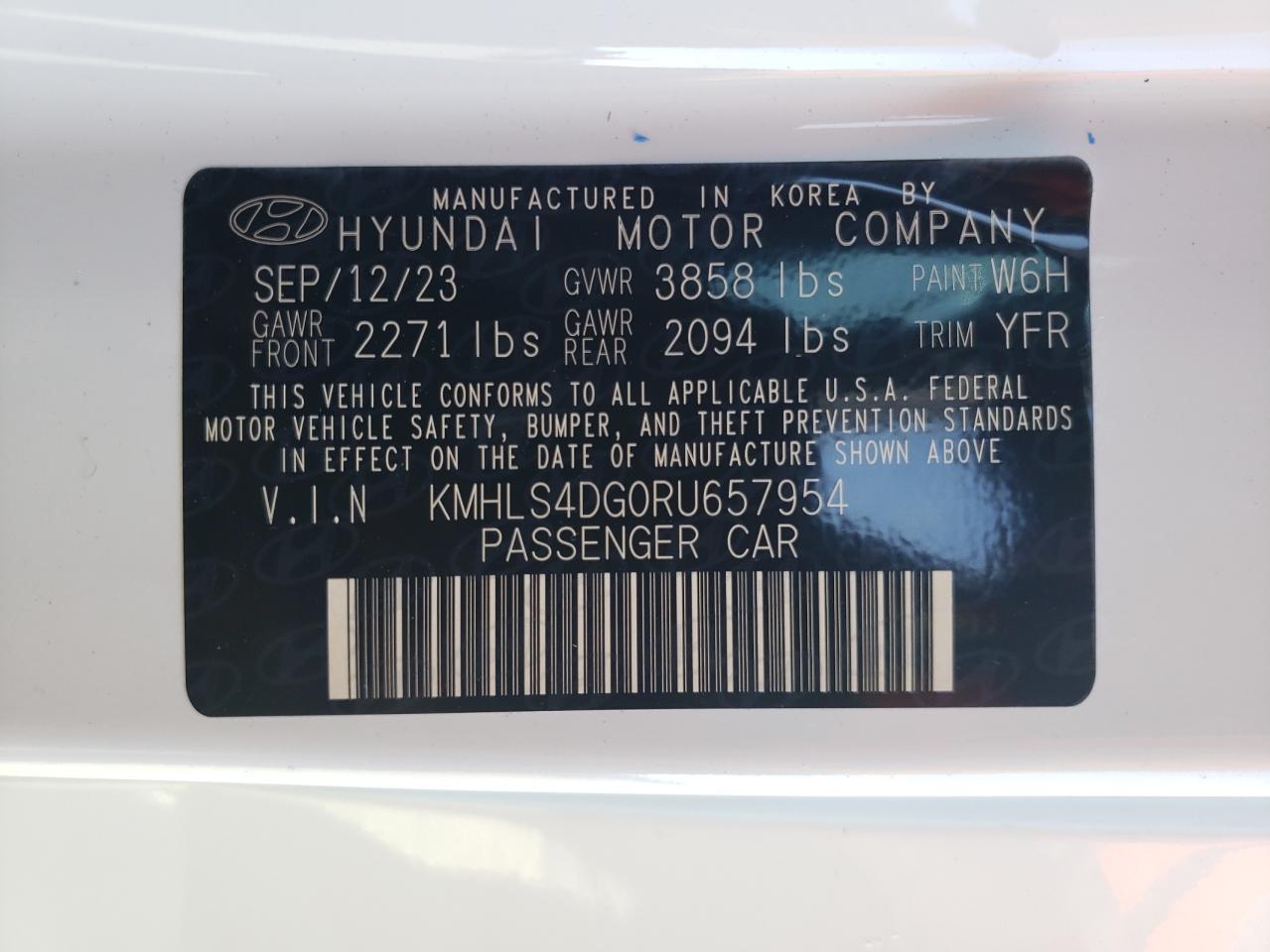 2024 HYUNDAI ELANTRA SEL VIN:KMHLS4DG0RU657954