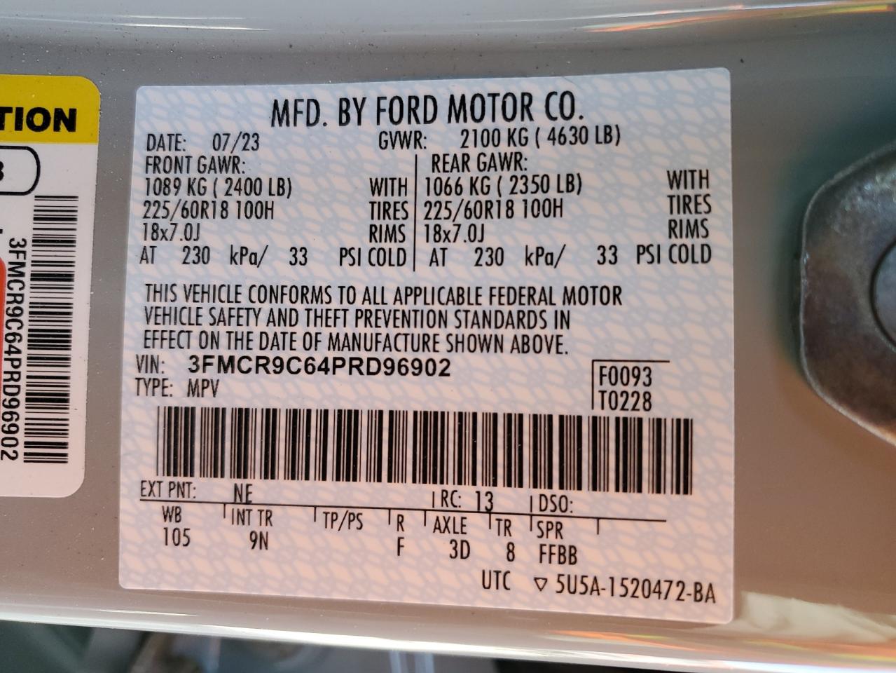 2023 FORD BRONCO SPORT OUTER BANKS VIN:3FMCR9C64PRD96902