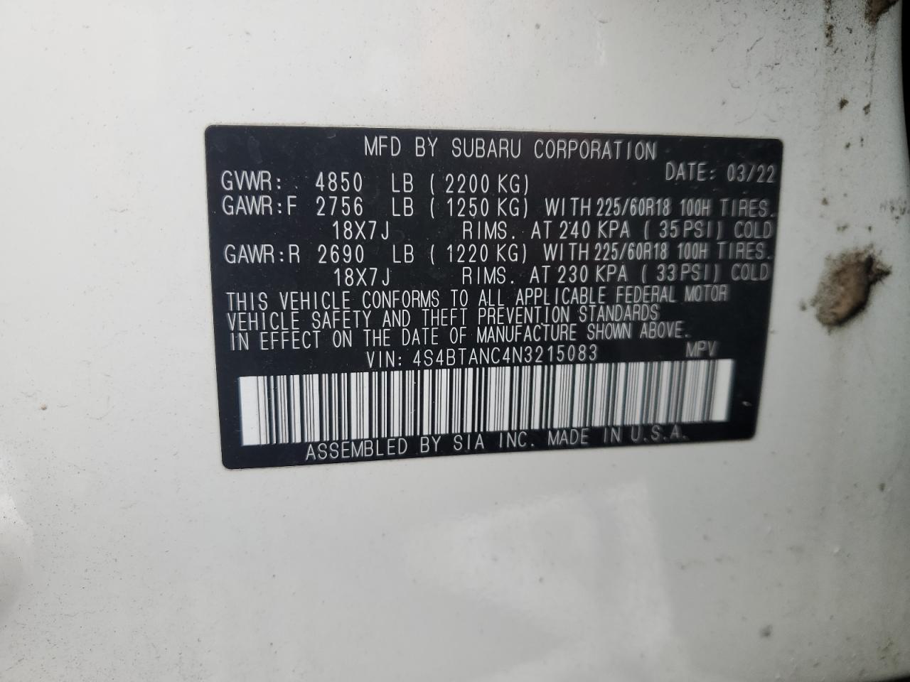 2022 SUBARU OUTBACK LIMITED VIN:4S4BTANC4N3215083