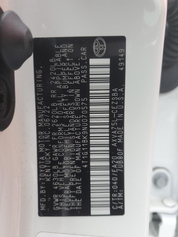 2022 TOYOTA CAMRY SE VIN:4T1G11BK9NU070575