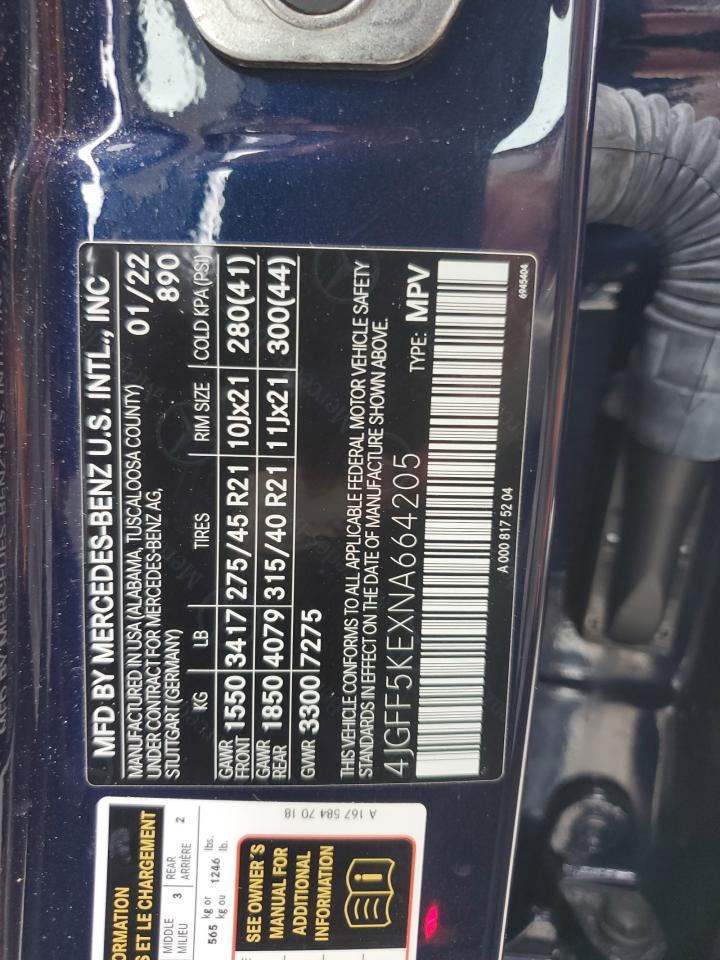 2022 MERCEDES-BENZ GLS 450 4MATIC VIN:4JGFF5KEXNA664205