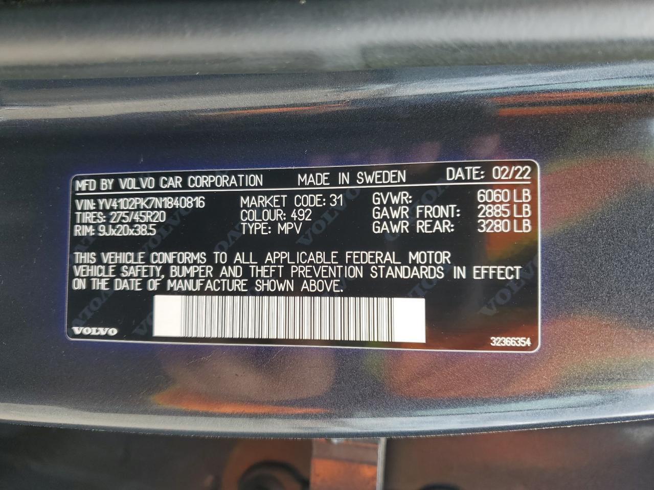 2022 VOLVO XC90 T5 MOMENTUM VIN:YV4102PK7N1840816