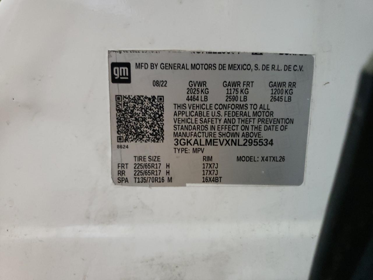 2022 GMC TERRAIN SLE VIN:3GKALMEVXNL295534