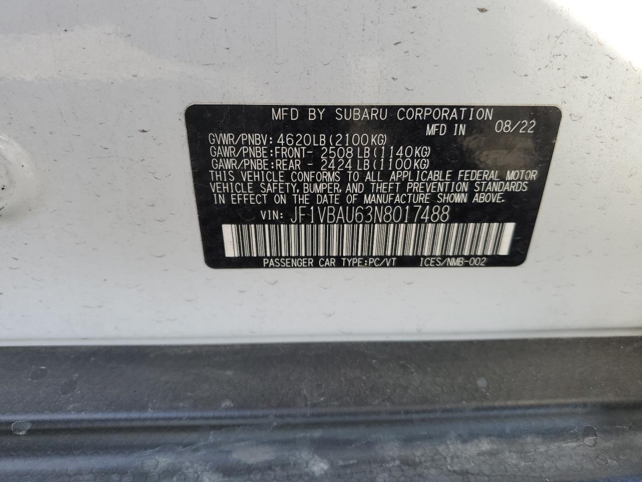 2022 SUBARU WRX GT VIN:JF1VBAU63N8017488
