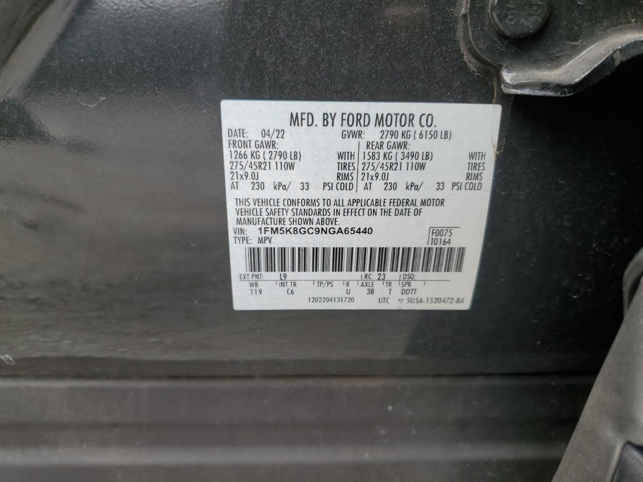 2022 FORD EXPLORER ST VIN:1FM5K8GC9NGA65440